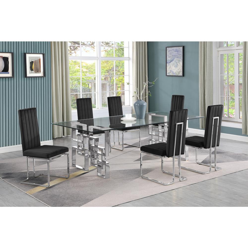 7-piece glam dining set with 6 Black chairs and one 95″ glass  table