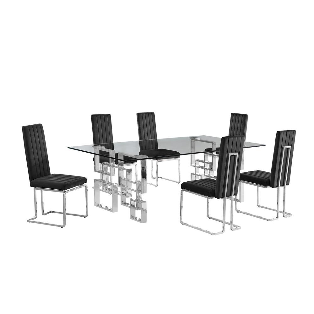 7-piece glam dining set with 6 Black chairs and one 95″ glass  table