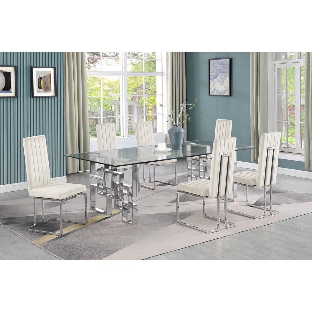7-piece glam dining set with 6 Cream chairs and one 95″ glass  table