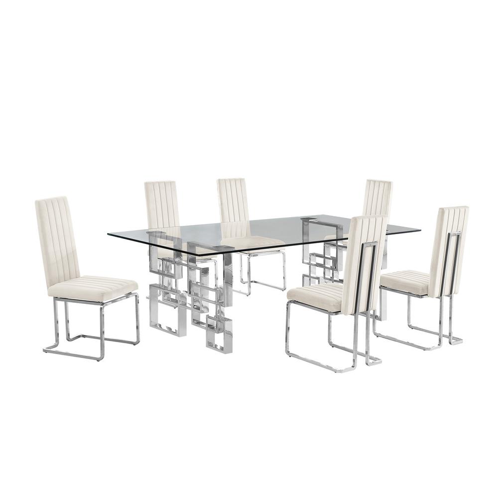 7-piece glam dining set with 6 Cream chairs and one 95″ glass  table