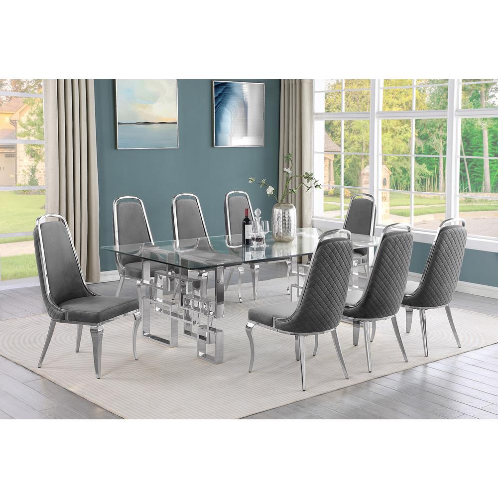 9-piece glam dining set with 8 Dark grey chairs and one 95″ glass dining table