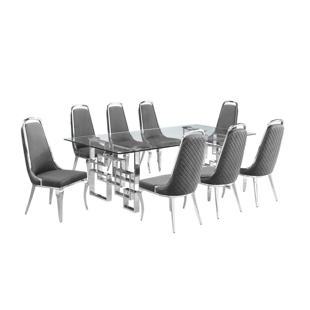 9-piece glam dining set with 8 Dark grey chairs and one 95″ glass dining table