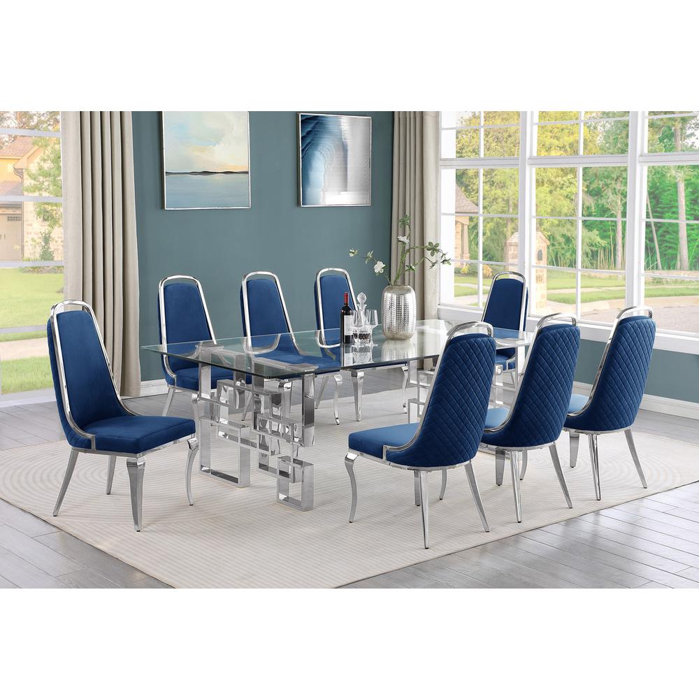 9-piece glam dining set with 8 Navy blue chairs and one 95″ glass dining table
