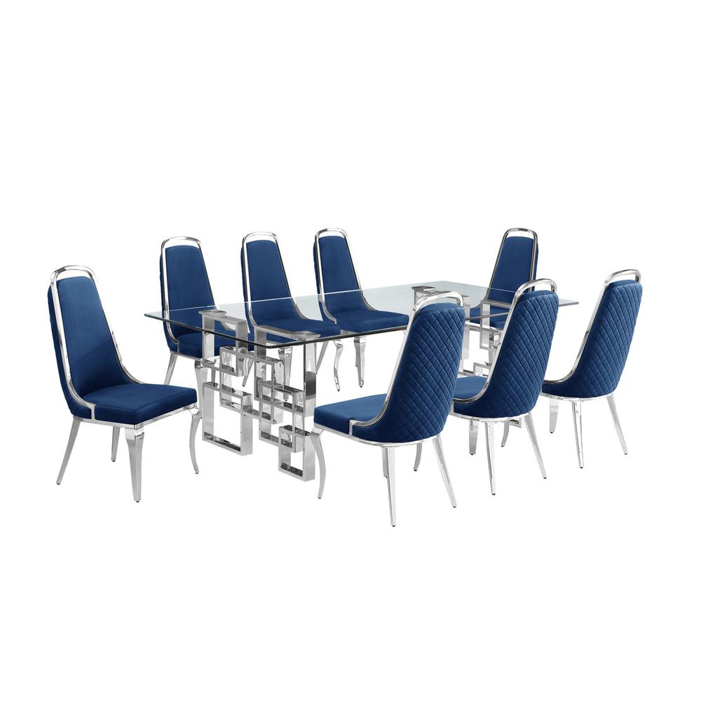 9-piece glam dining set with 8 Navy blue chairs and one 95″ glass dining table