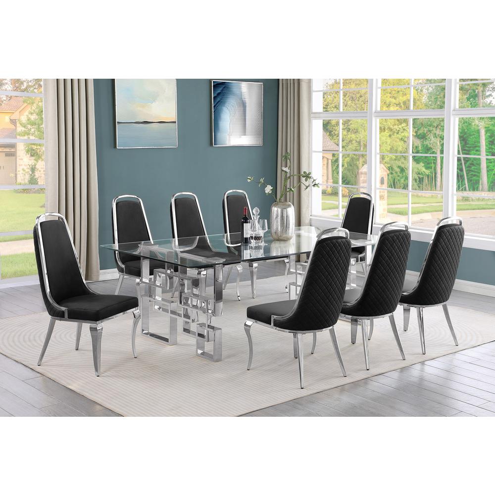 9-piece glam dining set with 8 Black side chairs and one 95″ glass dining table
