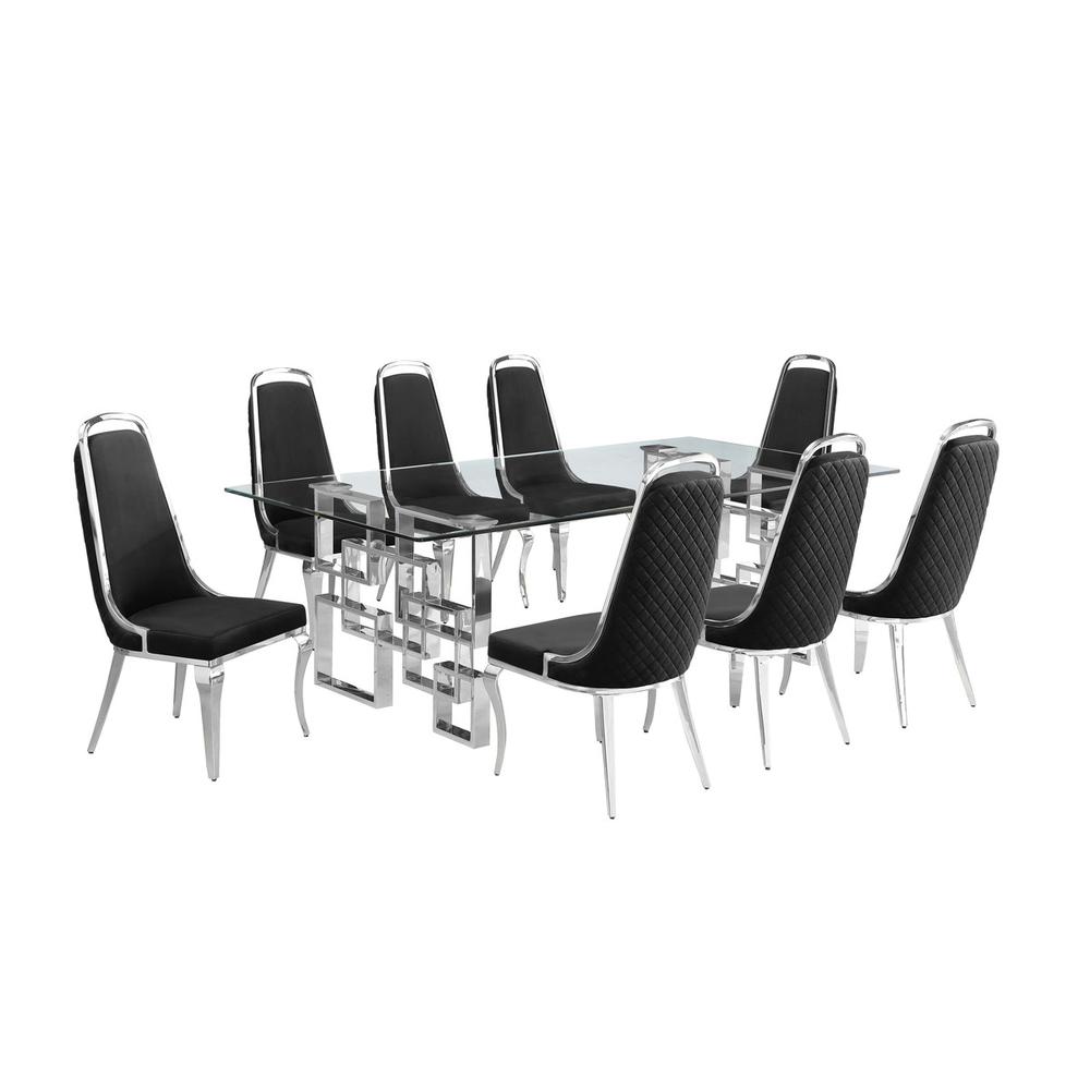 9-piece glam dining set with 8 Black side chairs and one 95″ glass dining table