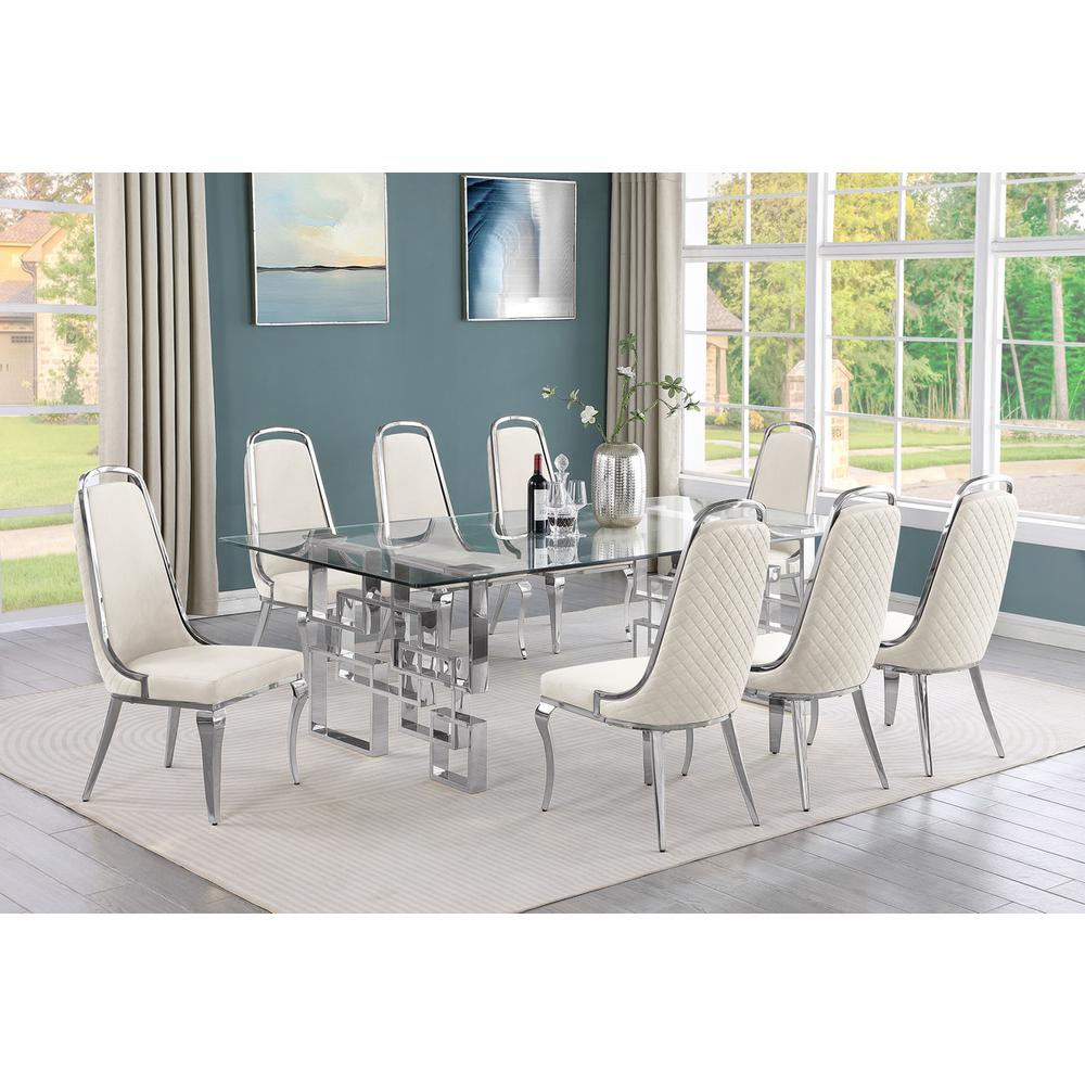 9-piece glam dining set with 8 Cream side chairs and one 95″ glass dining table