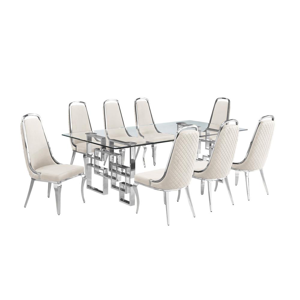 9-piece glam dining set with 8 Cream side chairs and one 95″ glass dining table