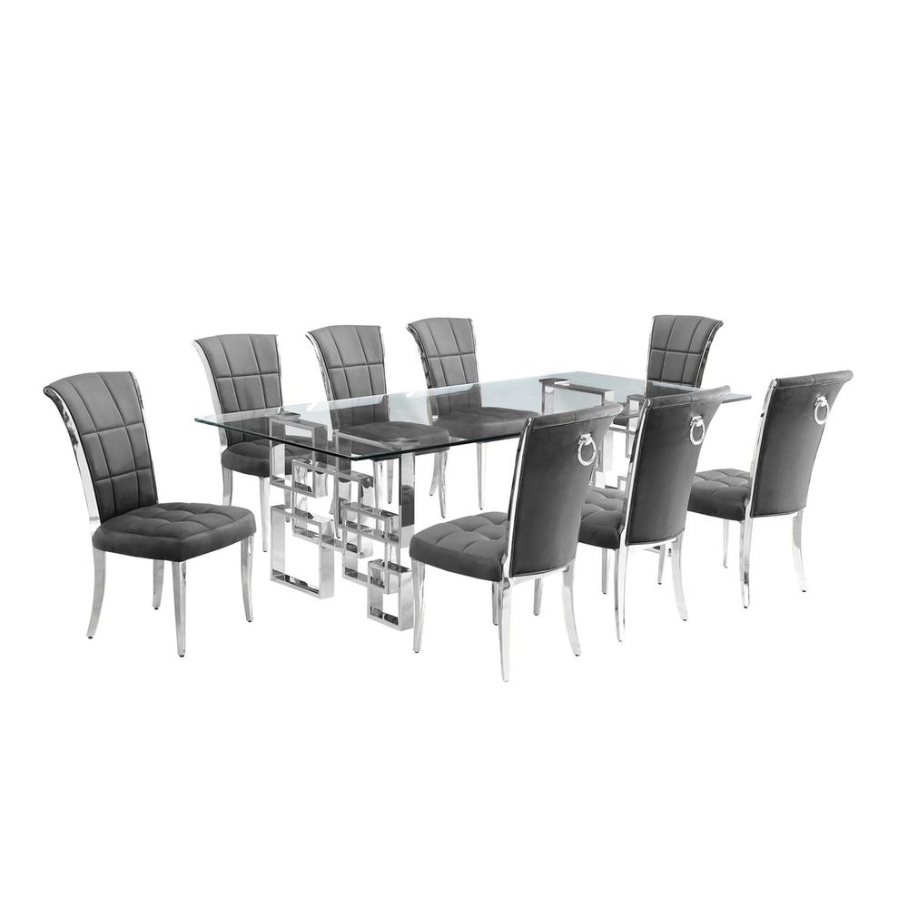 9-piece glam dining set with 8 dark grey chairs and a 95″ long glass  table