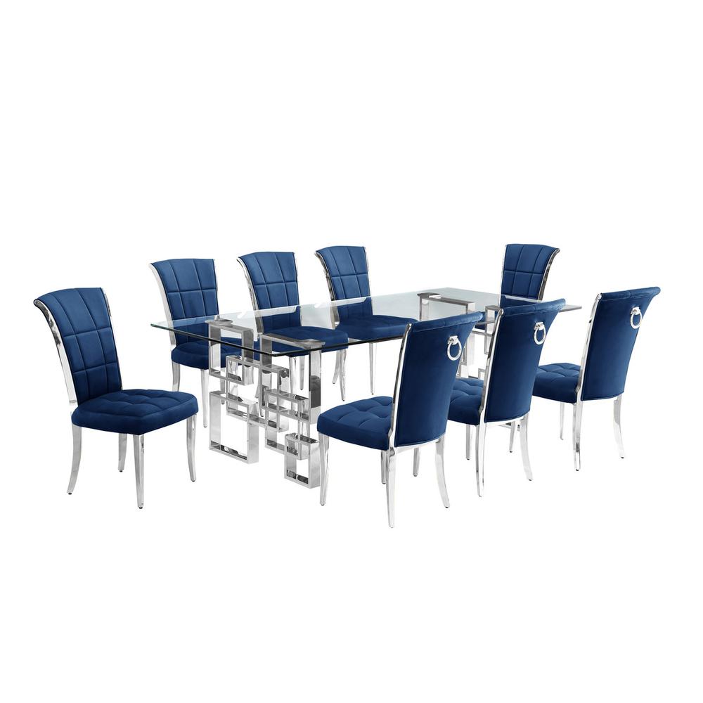 9-piece glam dining set with 8 navy blue chairs and a 95″ long glass  table