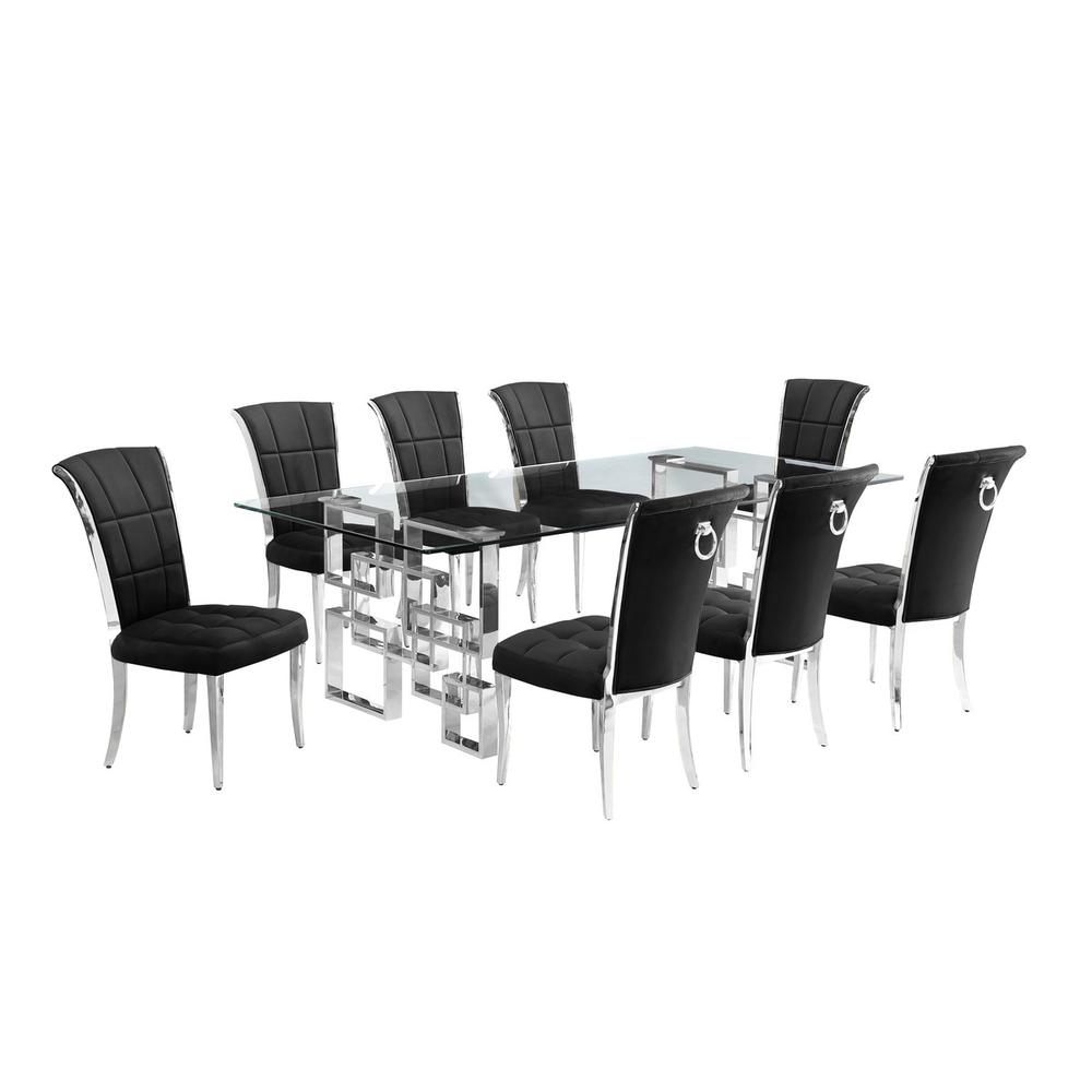 9-piece glam dining set with 8 black chairs and l 95″ long glass  table
