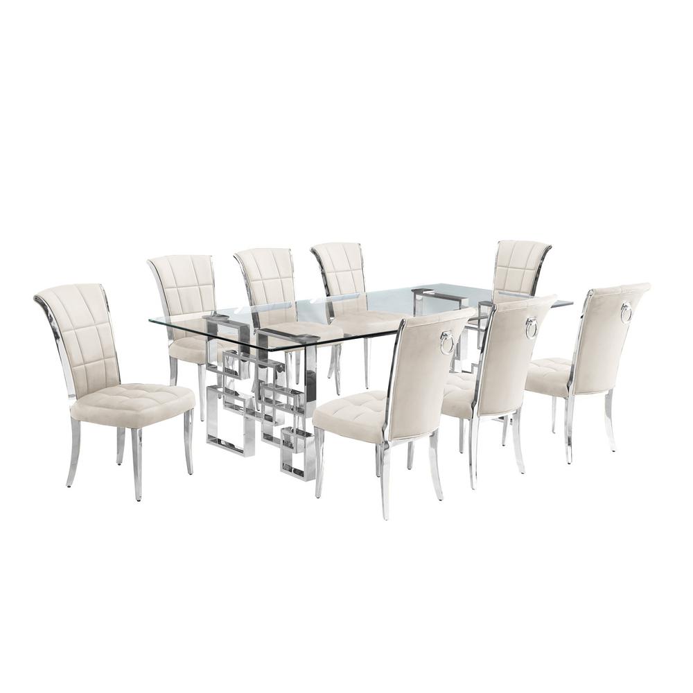 9-piece glam dining set with 8 cream chairs and r 95″ long glass  table