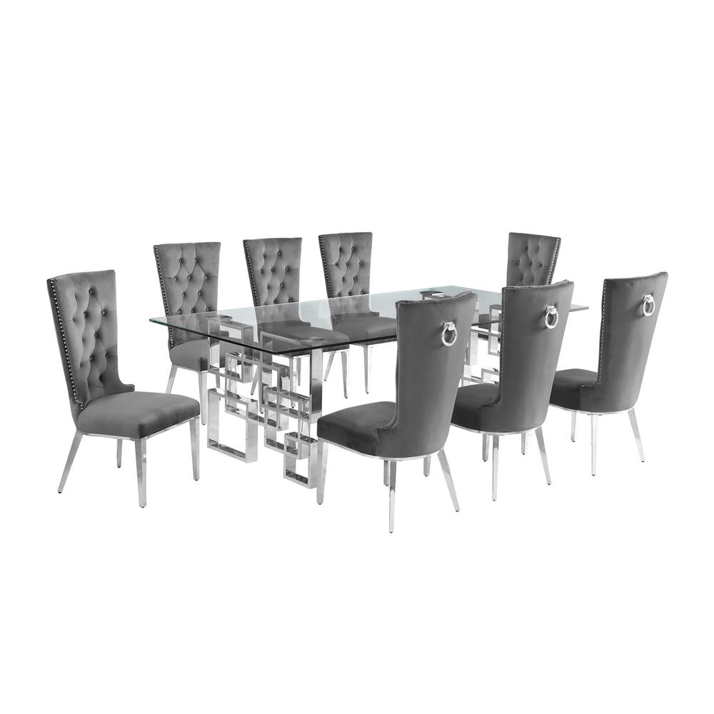 9-piece glam dining set with 8 dark grey chairs and a 95″ long glass  table