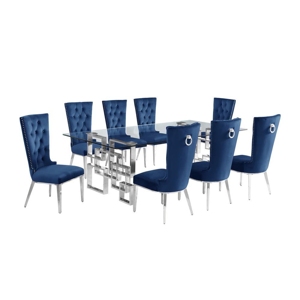 9-piece glam dining set with 8 navy blue chairs and a 95″ long glass  table