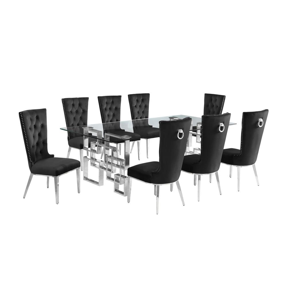 9-piece glam dining set with 8 black chairs and a 95″ long glass  table