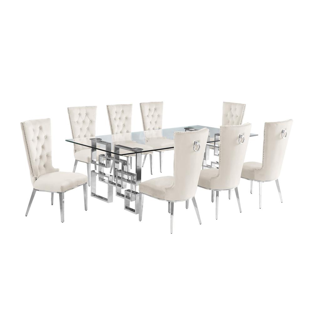 9-piece glam dining set with 8 cream chairs and a 95″ long glass  table