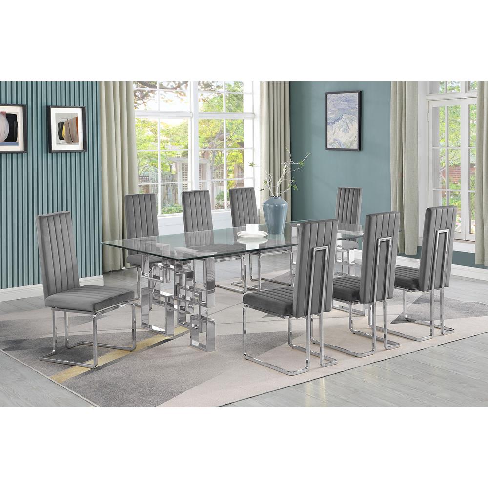 9-piece glam dining set with 8 Dark grey chairs and one 95″ glass  table