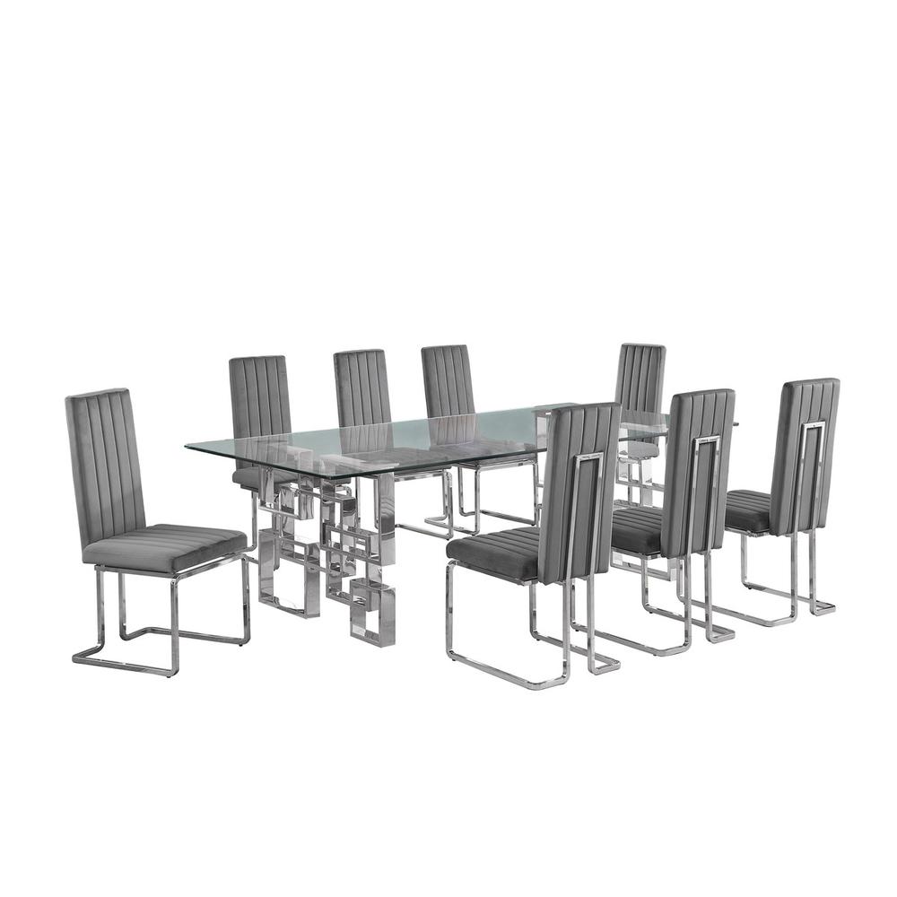 9-piece glam dining set with 8 Dark grey chairs and one 95″ glass  table