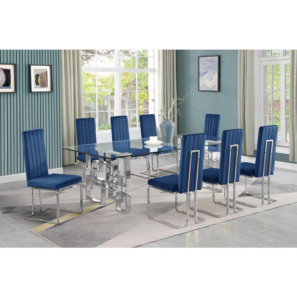 9-piece glam dining set with 8 Navy blue chairs and one 95″  glass  table