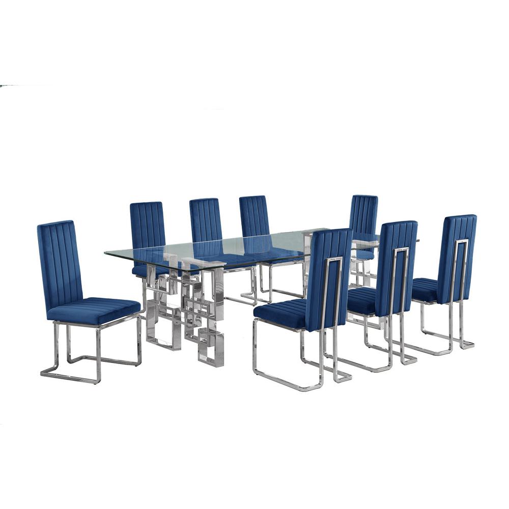 9-piece glam dining set with 8 Navy blue chairs and one 95″  glass  table