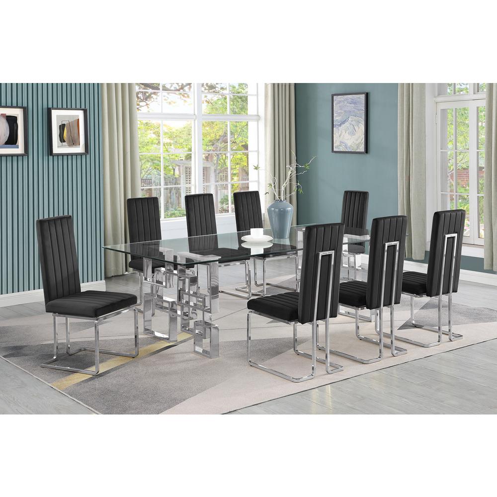 9-piece glam dining set with 8 Black chairs and 1one 95″ glass  table