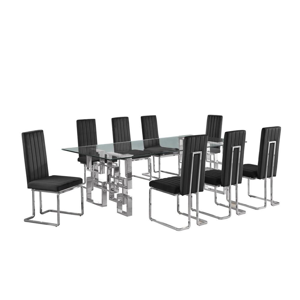 9-piece glam dining set with 8 Black chairs and 1one 95″ glass  table