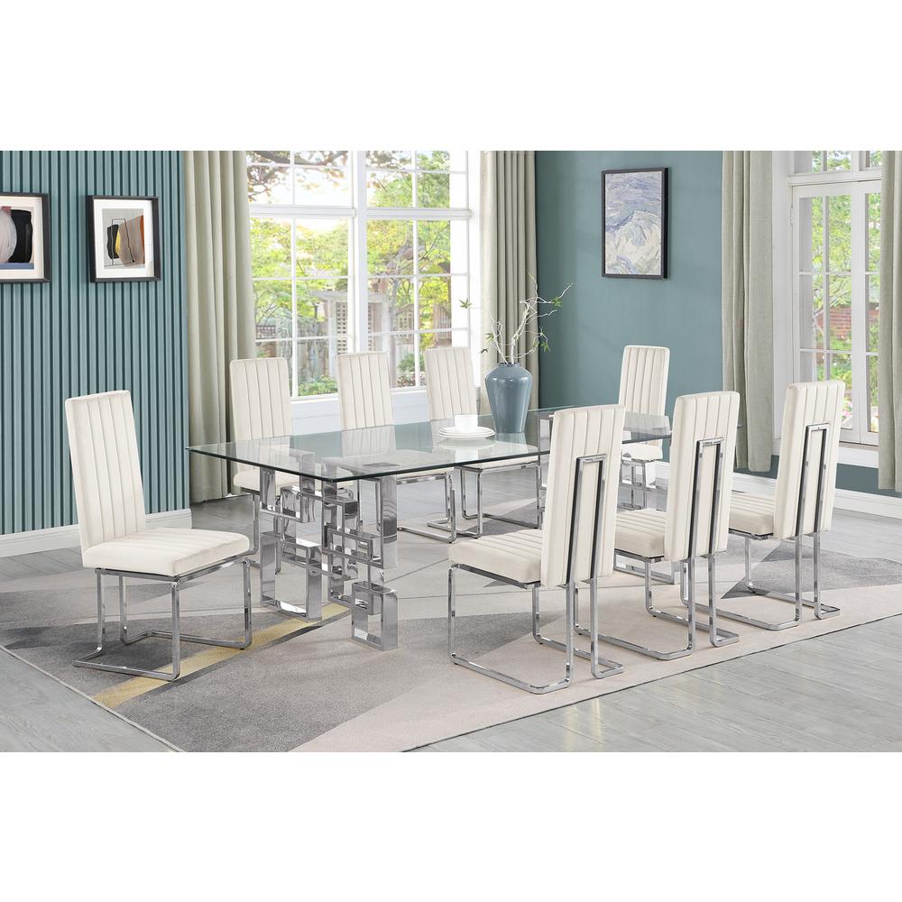 9-piece glam dining set with 8 Cream chairs and one 95″ glass  table