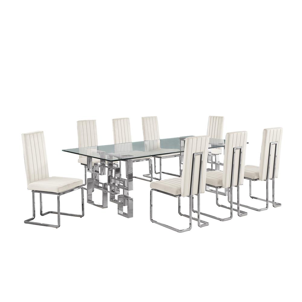 9-piece glam dining set with 8 Cream chairs and one 95″ glass  table