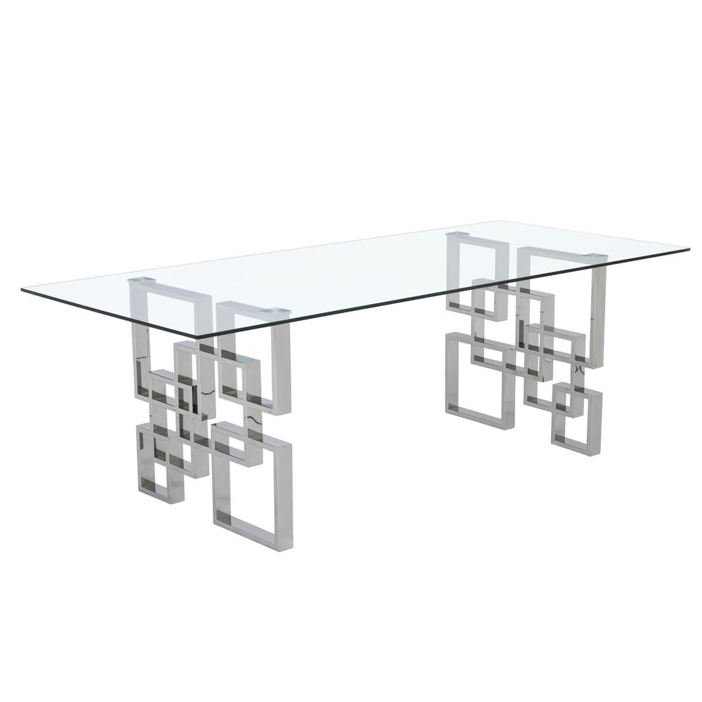 94″ large clear glass dining table w/ silver color stainless steel base