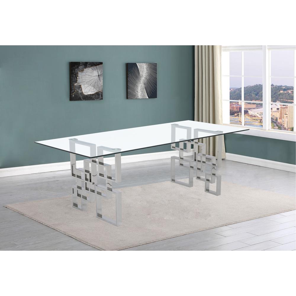 94″ large clear glass dining table w/ silver color stainless steel base