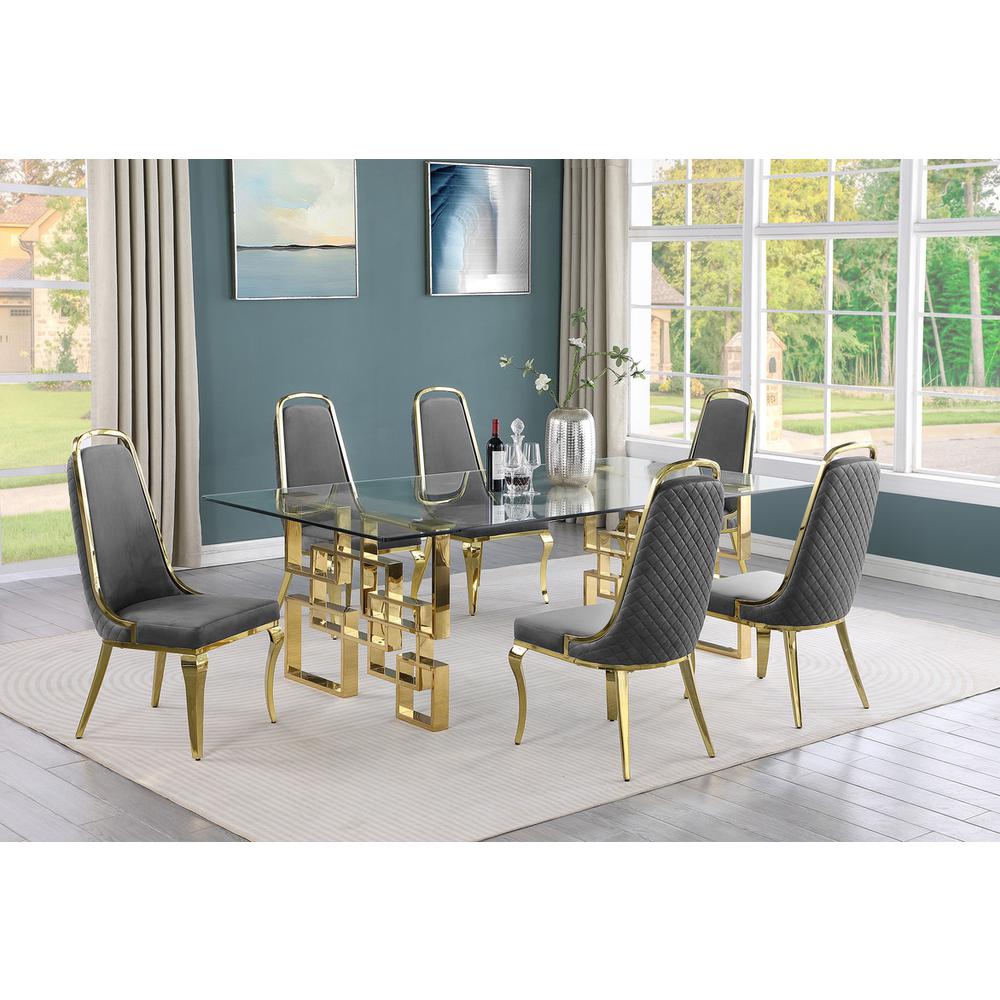 7-piece glam dining set with 6 Dark grey chairs and one 95″ glass dining table