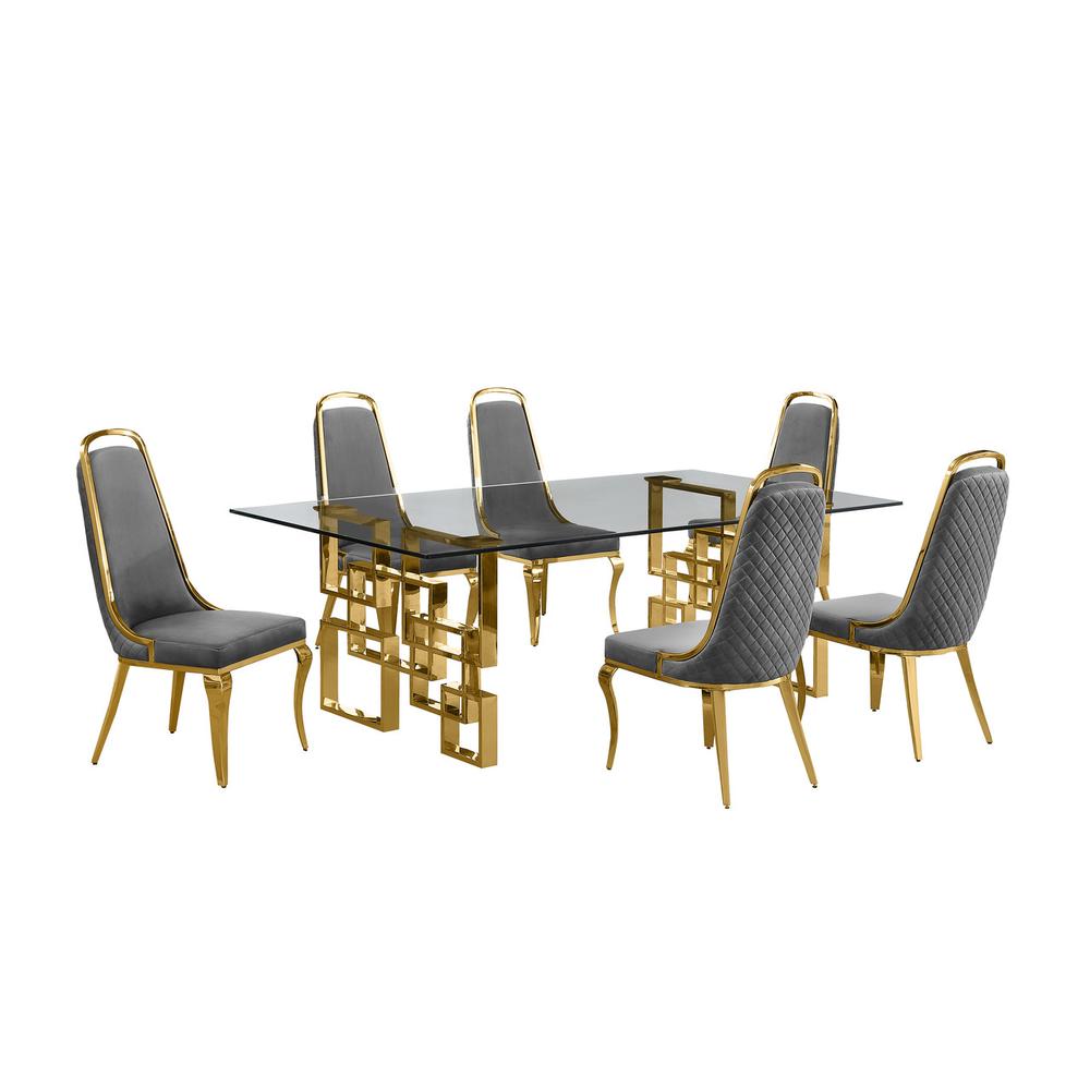 7-piece glam dining set with 6 Dark grey chairs and one 95″ glass dining table