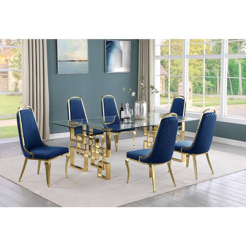 7-piece glam dining set with 6 Navy blue chairs and one 95″ glass dining table