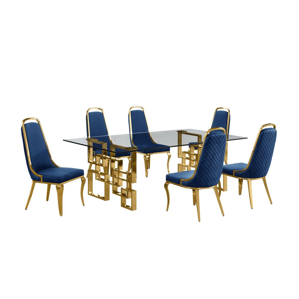7-piece glam dining set with 6 Navy blue chairs and one 95″ glass dining table