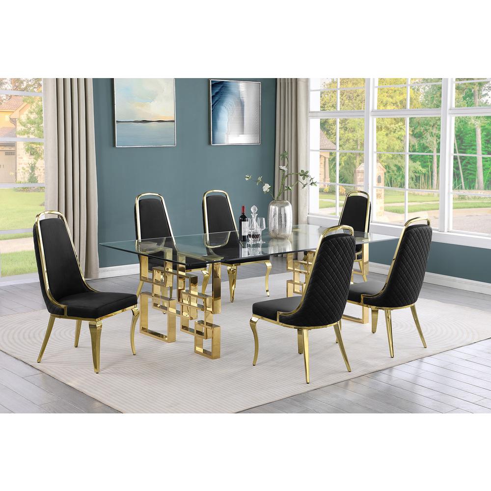 7-piece glam dining set with 6 Black side chairs and one 95″ glass dining table