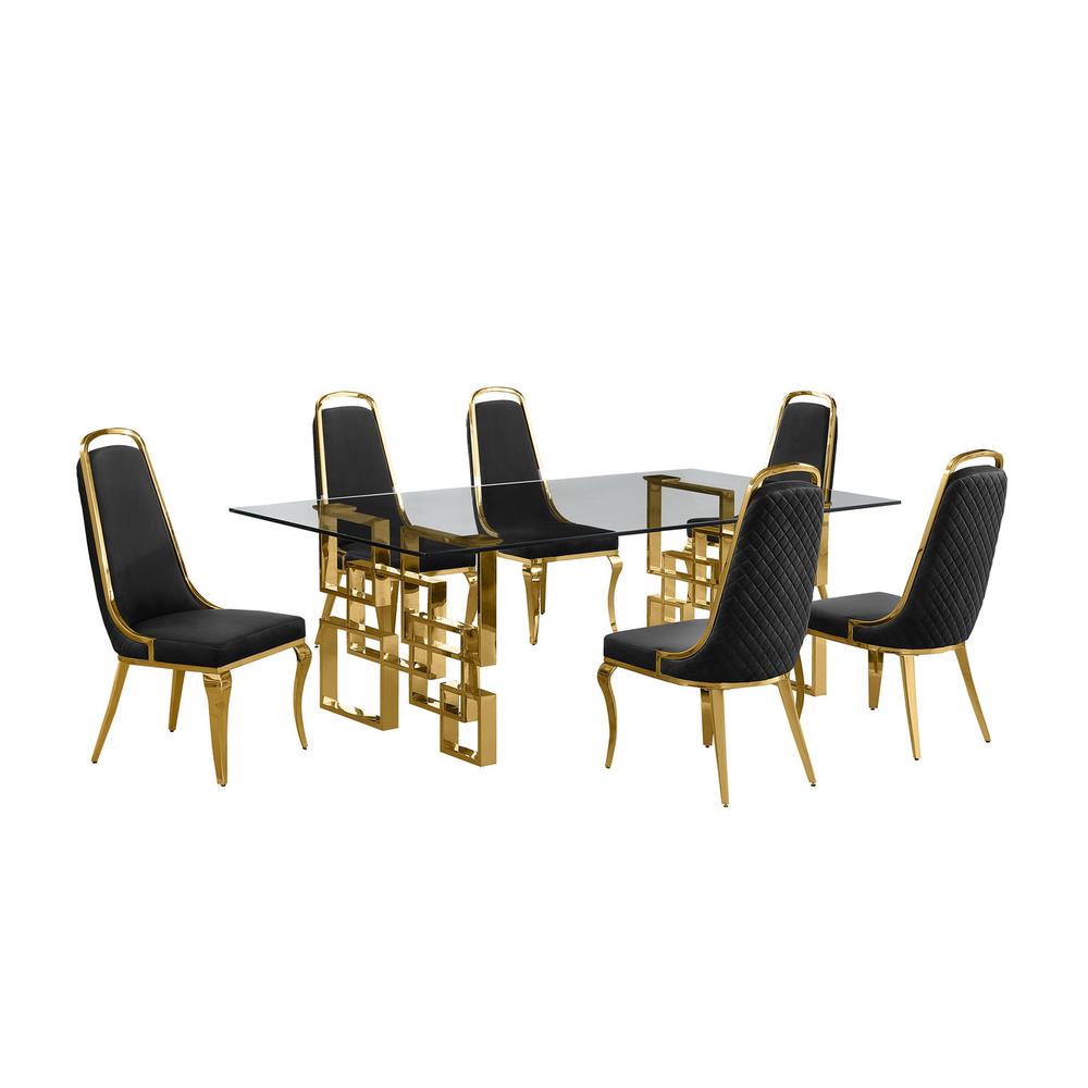 7-piece glam dining set with 6 Black side chairs and one 95″ glass dining table