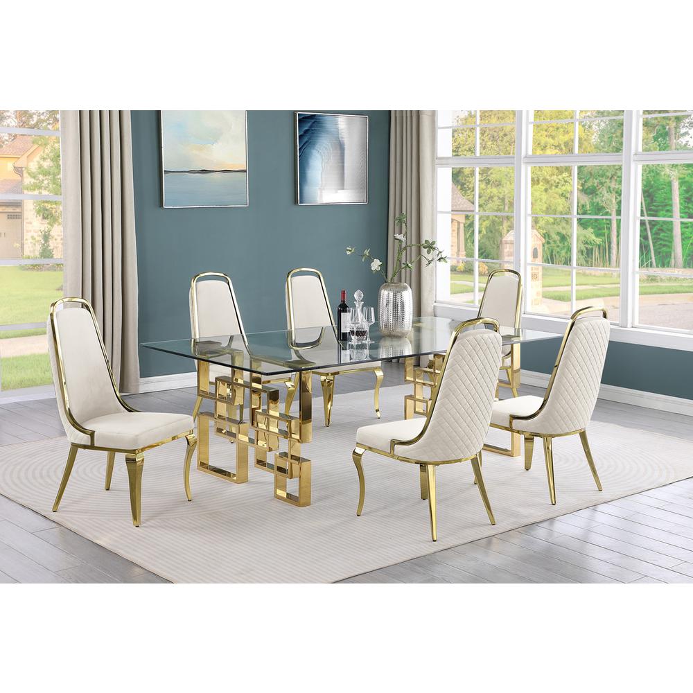 7-piece glam dining set with 6 Cream side chairs and one 95″ glass dining table