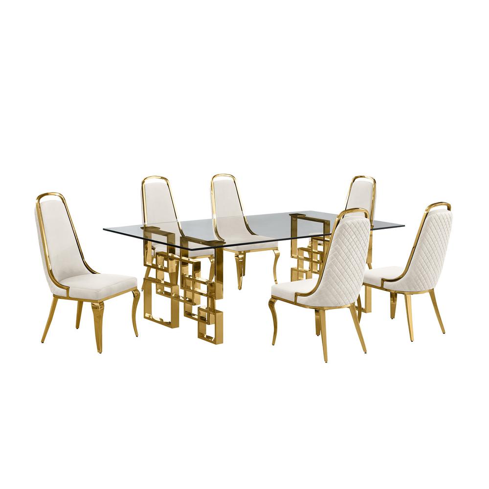 7-piece glam dining set with 6 Cream side chairs and one 95″ glass dining table