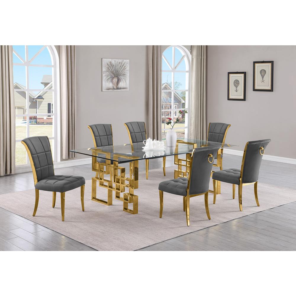 7-piece glam dining set with 6 dark grey chairs and a 95″  long glass  table