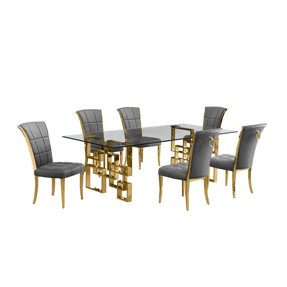 7-piece glam dining set with 6 dark grey chairs and a 95″  long glass  table