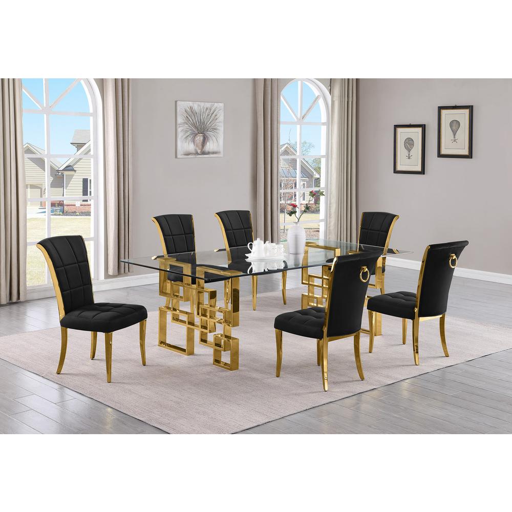7-piece glam dining set with 6 black chairs and a 95″ long glass  table