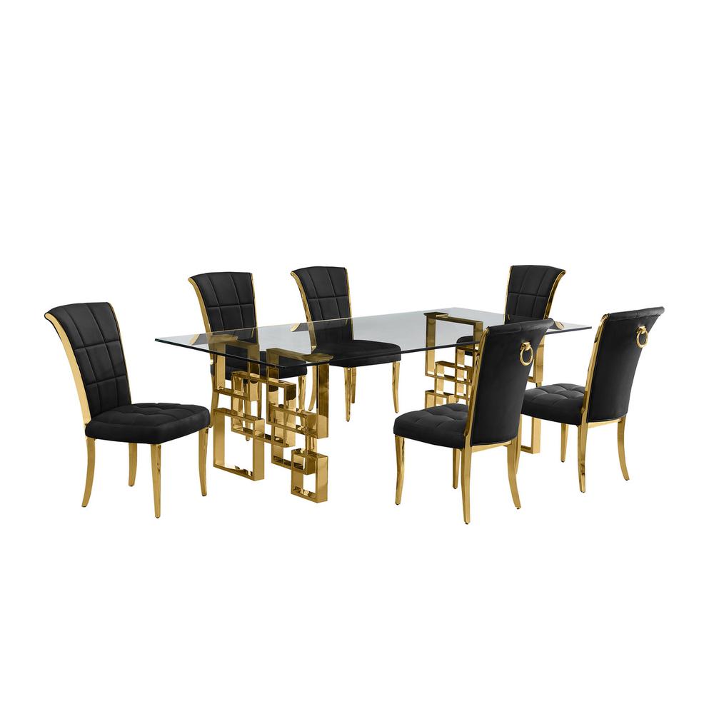 7-piece glam dining set with 6 black chairs and a 95″ long glass  table