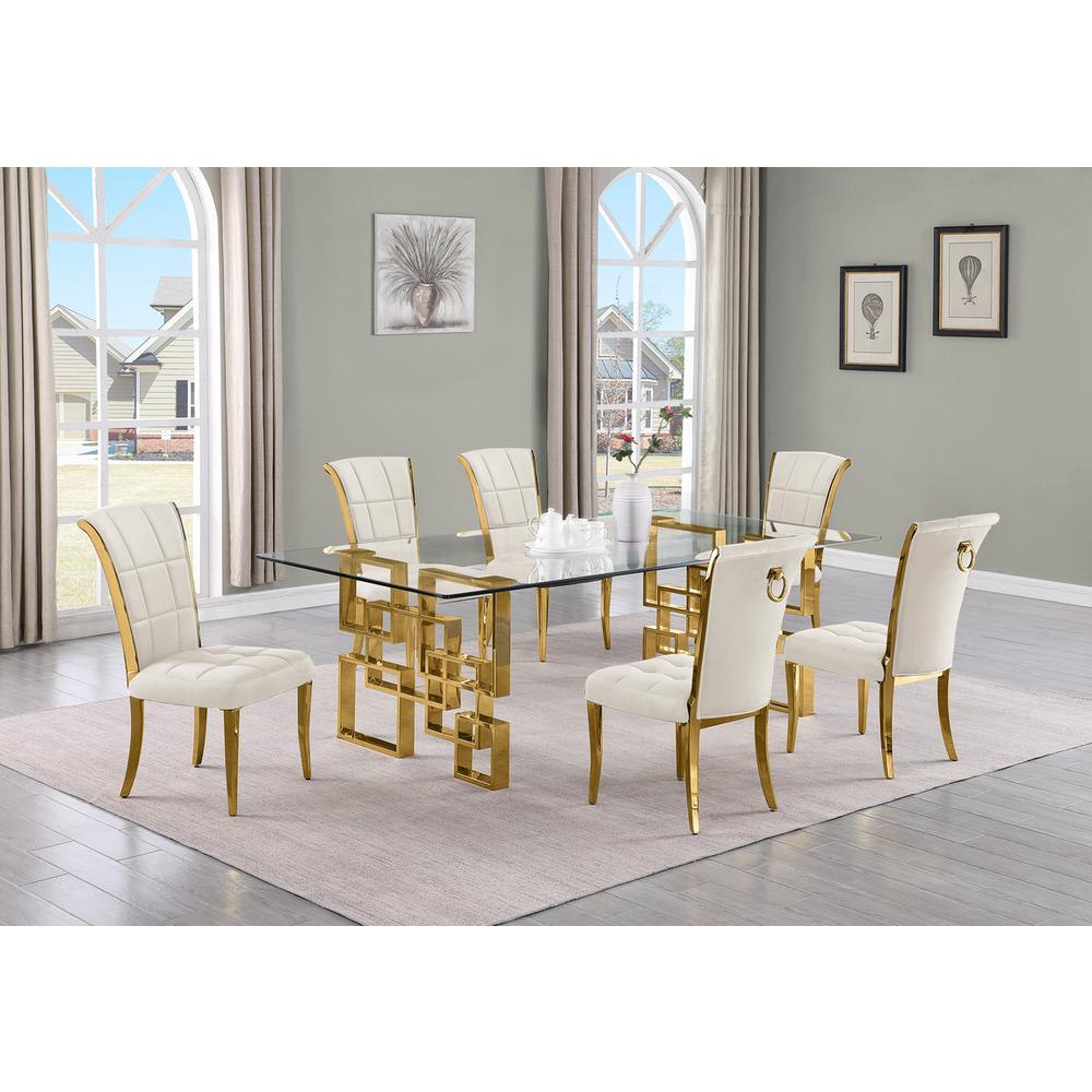 7-piece glam dining set with 6 cream side chair and a 95″long glass  table