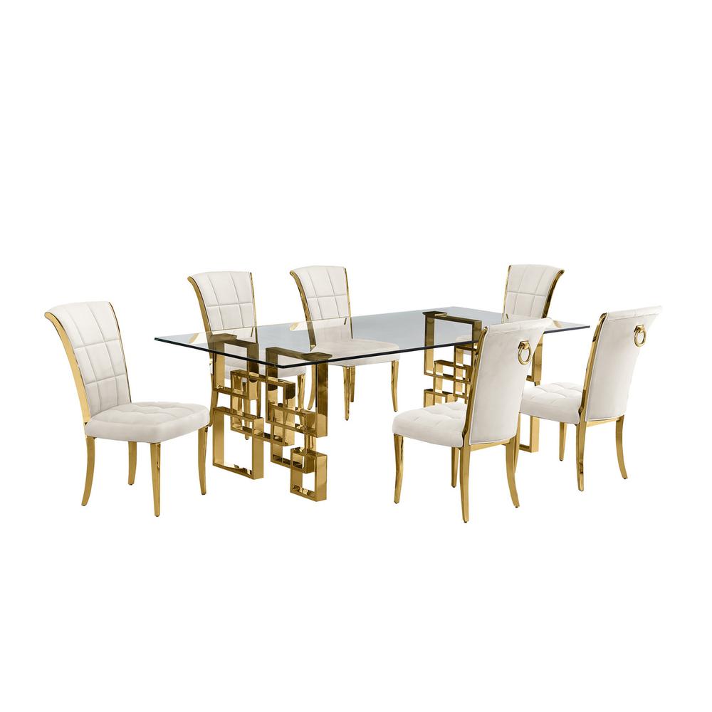 7-piece glam dining set with 6 cream side chair and a 95″long glass  table