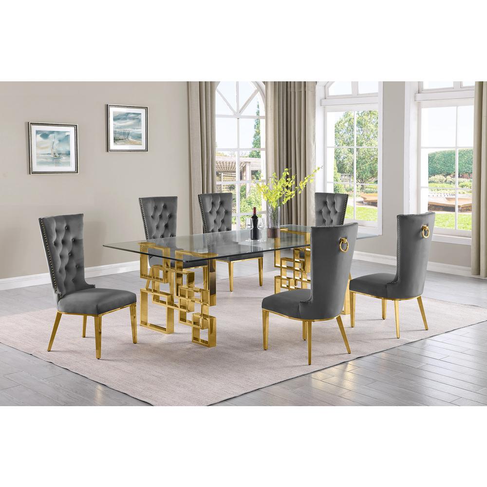 7-piece glam dining set with 6 dark grey chairs and a 95″ long glass  table