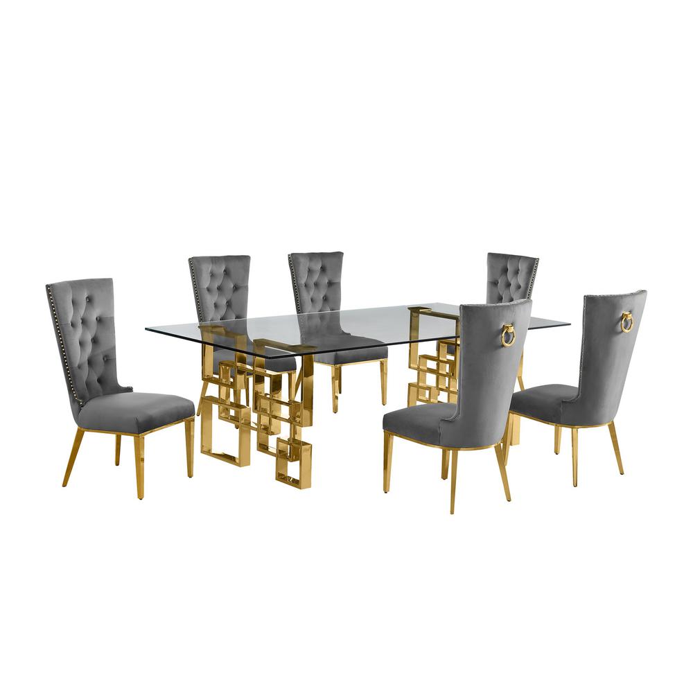 7-piece glam dining set with 6 dark grey chairs and a 95″ long glass  table