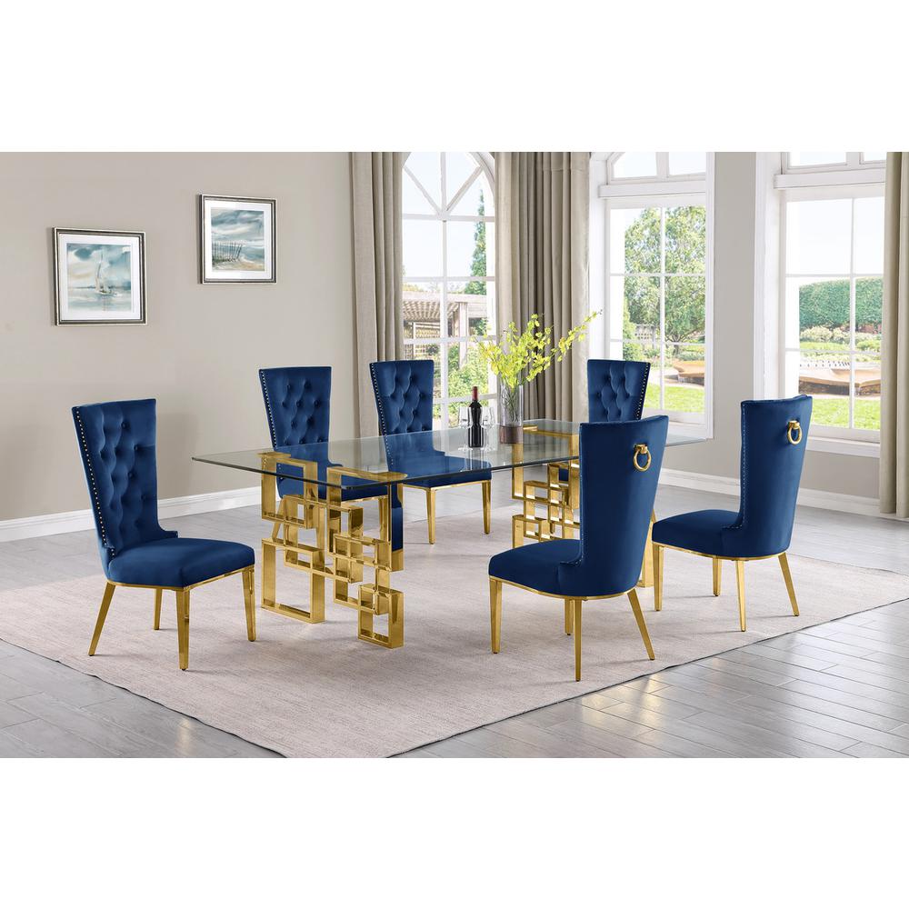 7-piece glam dining set with 6 navy blue  chairs and a 95″ long glass  table