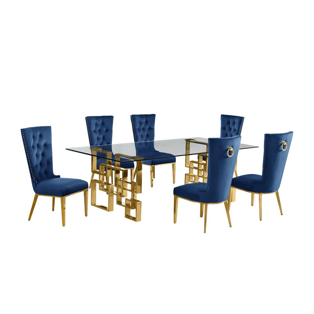 7-piece glam dining set with 6 navy blue  chairs and a 95″ long glass  table
