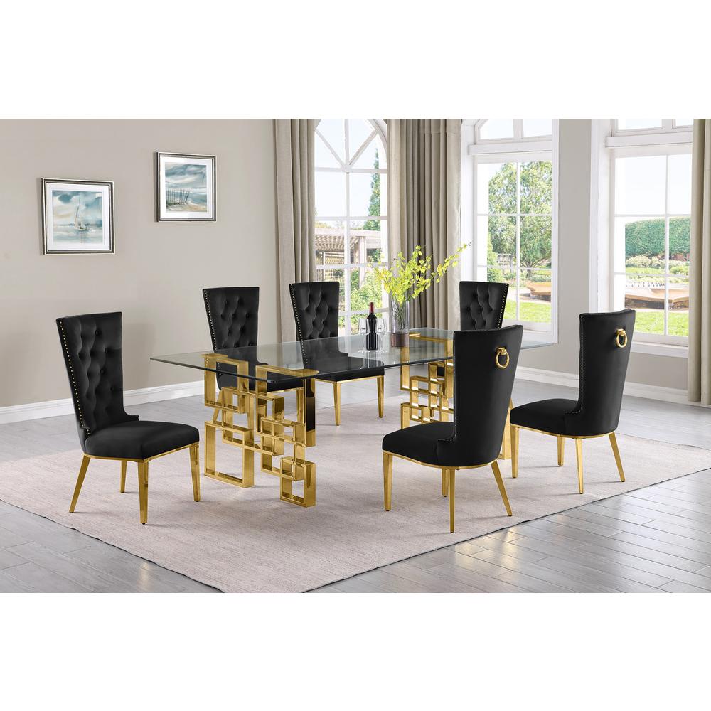 7-piece glam dining set with 6 black  chairs and a 95″ long glass  table