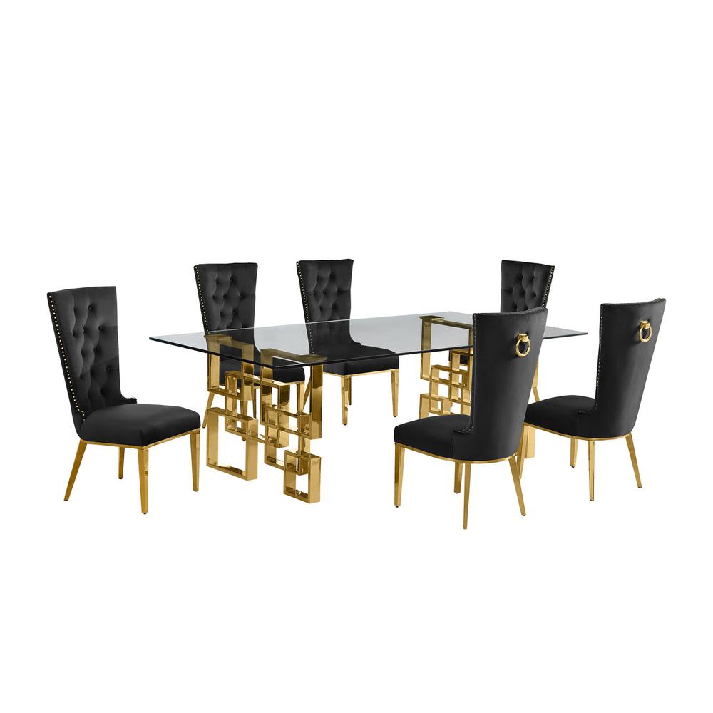 7-piece glam dining set with 6 black  chairs and a 95″ long glass  table